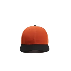 Close-up front view of orange and black color-blocked baseball cap, adjustable sun hat detail.