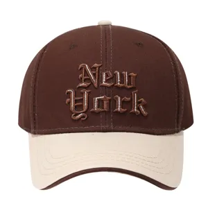 Brown and beige baseball cap with New York embroidery, stylish casual sun protection hat.