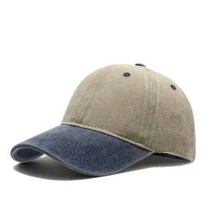 Vintage washed denim baseball cap, two-tone khaki and blue casual dad hat for men and women.