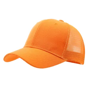 Orange children mesh baseball cap detail, breathable outdoor sun shade sunhat closeup.