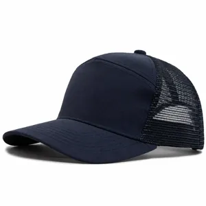 Detailed view of the navy blue flat top quick-dry mesh trucker baseball cap for sun protection.