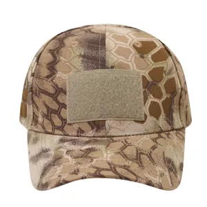 Tactical camo baseball cap for outdoor sports, sun protection, with front velcro patch.