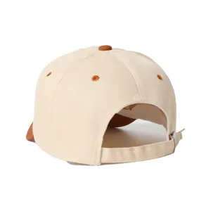 Detailed back view of a stylish color-blocked baseball cap in beige and brown with adjustable strap.