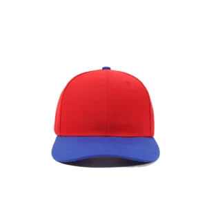 Detail shot of the red and blue colorblocked six panel baseball cap, classic casual outdoor style.
