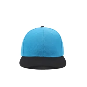 Blue and black baseball cap detail view, showing the two-tone panel design and fabric texture.