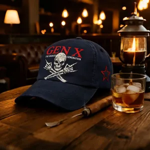 Casquette de baseball vintage bleu foncé délavée avec imprimé tête de mort et slogan.