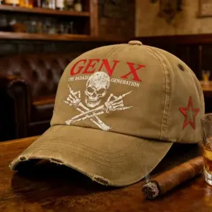 Casquette de baseball vintage lavée avec impression crâne et Gen X, style streetwear usé.