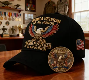 Gorra de béisbol negra de veterano con águila bordada y set de monedas conmemorativas