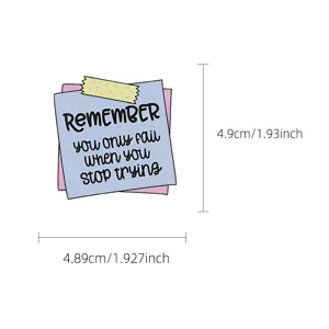 Motivational sticky note design enamel pin badge with English quote and size dimensions detail.