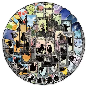 Detailed view of cute black cat aesthetic stickers set, featuring celestial and floral patterns.