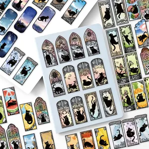 Aesthetic black cat stickers featuring stained glass and starry night art designs for journals.