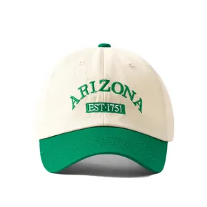 Close-up detail of the cotton baseball cap featuring green Arizona embroidery and structured brim.