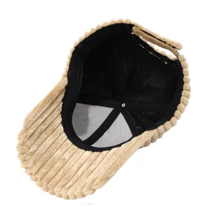 Detailed interior view of a classic khaki corduroy baseball cap with breathable mesh.