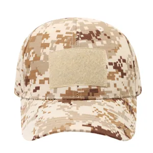 Tactical baseball cap with desert digital camo and front velcro patch for outdoor combat and hiking.