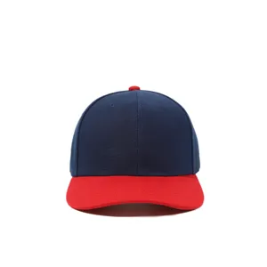 Two-tone baseball cap detail, dark blue crown and red brim, unisex sun protection.