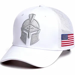 Casquette de baseball blanche en filet avec broderie casque spartiate et drapeau américain