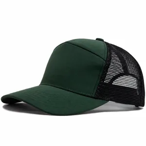 Dark green trucker baseball cap with breathable mesh back, comfortable flat top design.