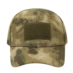 Detailed view of camouflage tactical baseball cap with front patch panel for outdoor use.