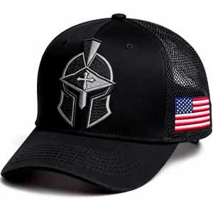 Casquette de baseball en résille noire avec logo brodé casque spartiate et drapeau américain.