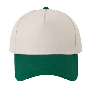 Detail shot of the two-tone 5-panel baseball cap, showing clean stitching and contrast brim.