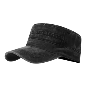 Casquette militaire plate noire lavée vintage, chapeau de cadet en coton rétro vieilli.