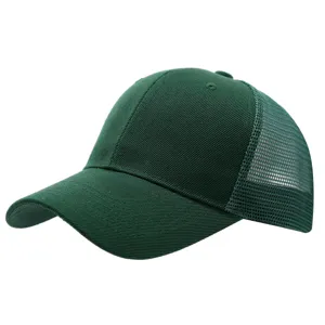Dark green mesh baseball cap detail, breathable trucker hat for kids outdoor activities.