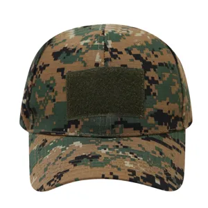 Digital camouflage tactical baseball cap with front hook loop patch for outdoor military use.