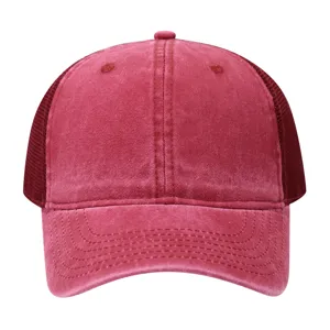 Detail view of vintage washed mesh baseball cap front panel and breathable mesh texture.