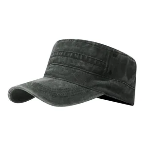 Casquette militaire plate noire délavée vintage, chapeau de cadet en coton pour protection solaire.