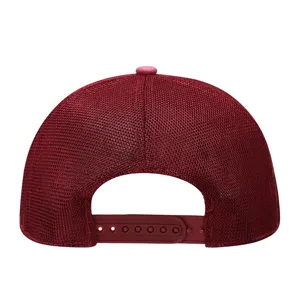 Red mesh baseball cap back view showing adjustable snapback strap and breathable fabric.