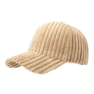 Detailed view of the winter corduroy baseball cap texture and brim craft, cozy and stylish.