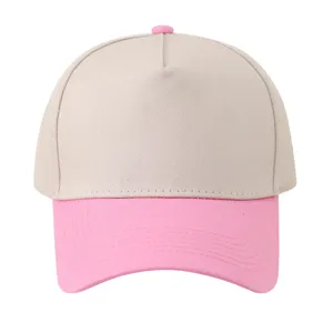 Close-up of a stylish two-tone five-panel baseball cap with beige body and pink brim.