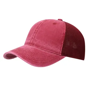 Vintage washed cotton mesh baseball cap for men and women, breathable summer trucker hat.
