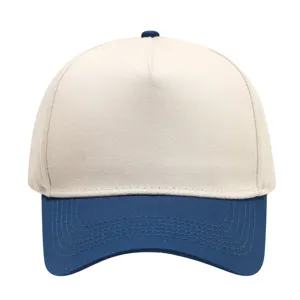 Close-up detail of the two-tone baseball cap, cotton fabric texture and color block design.