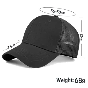 Plain black mesh baseball cap, adjustable cotton sun hat with breathable mesh back.