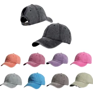 Casquette de Baseball Vintage Délavée avec Queue de Cheval Coton Réglable Bords Courbés Couleur Unie Chapeau de Soleil Extérieur pour Femmes