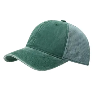 Close-up detail view of retro washed cotton mesh baseball cap, breathable summer hat for men.