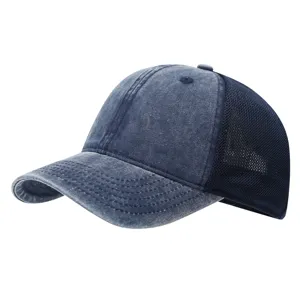 Vintage washed cotton mesh baseball cap detail, breathable curved brim casual hat for daily wear.