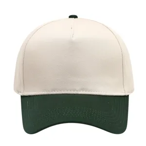 Front detail view of the five-panel colorblock baseball cap showing structured crown and brim.