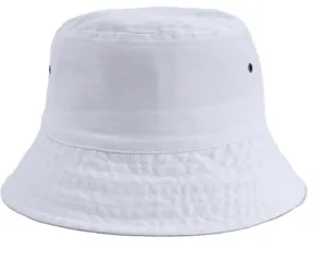 Classic white bucket hat detail shot, breathable metal eyelets, casual outdoor sun protection.