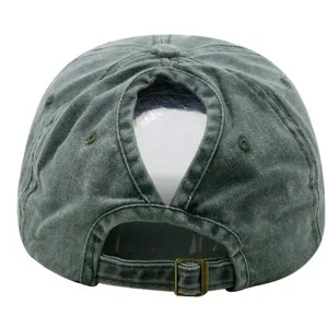 Casquette de baseball vintage lavée pour queue de cheval, chapeau en coton usé avec sangle réglable.