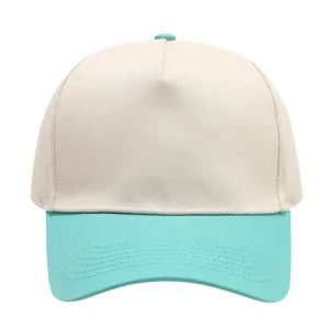 Close-up view of the color-block 5-panel baseball cap with teal brim and beige crown.