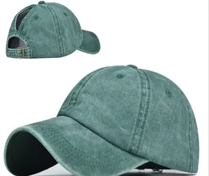 Casquette de baseball vintage lavée pour femme, chapeau rétro style queue de cheval réglable.
