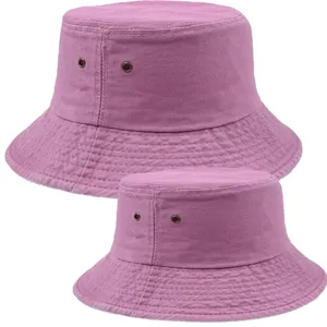 Parent-child washed denim bucket hat casual outdoor sun protection plain pink cap