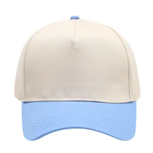 Close-up detail of the two-tone 5-panel baseball cap in beige and light blue color block.