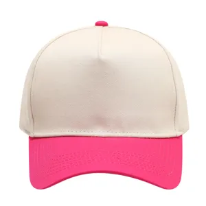 Detailed close-up view of the beige and pink color-blocked cotton five-panel baseball cap.