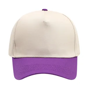 Detailed front view of the two-tone baseball cap with beige crown and purple brim.