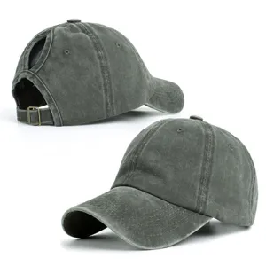 Casquette de Baseball Vintage Lavee Queue de Cheval Ajustable Coton Delavee Vert Fonce