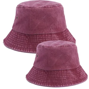 Detailed view of washed cotton denim bucket hats in parent-child size, soft and breathable.