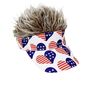 Detailed view of the novelty visor hat with funny fake spiky hair and US flag heart print.